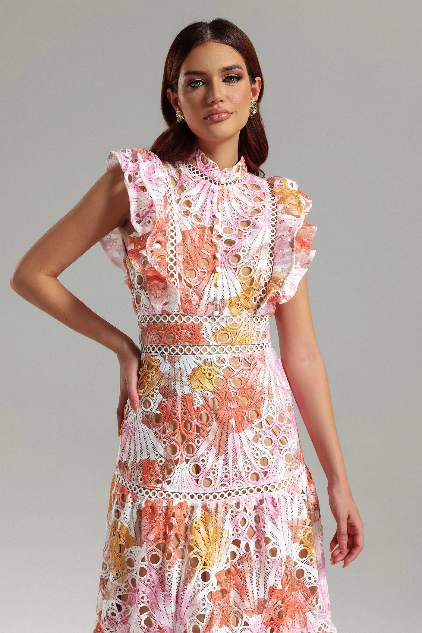 Ayleen Orange Hollow Sleeveless Midi Dress